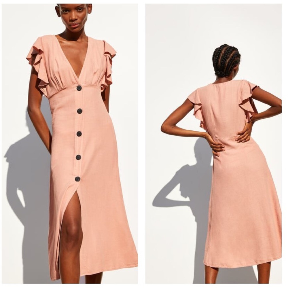 Zara pink ruffled rustic button down midi dress XL